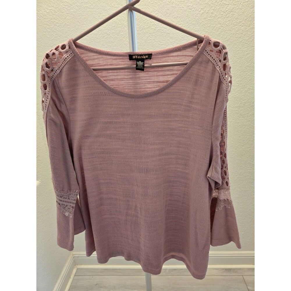 BYdesign Crochet XL Sleeve Top Dusty Rose Pink Lace Trim Knit Shirt Women